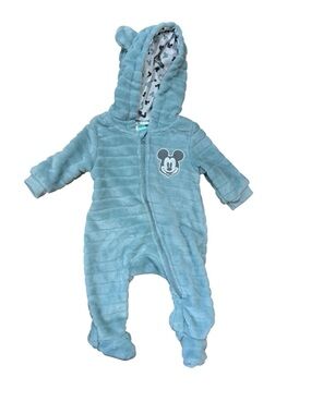 Disney Plush Hooded Footed One-Piece in Light Teal with Mickey Patch